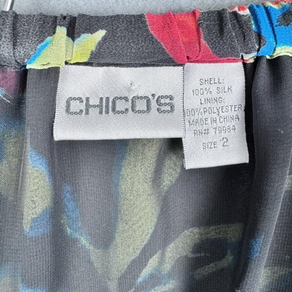 Chico's Silk Skirt Womens 2 Black Floral Lined Sheer Midi‎ Love Holidays Flaws - Picture 13 of 14